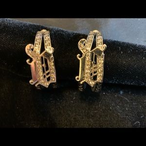 Auth Versace Gold Silver rhinestone Hoops double hoop pierced chunky Earrings